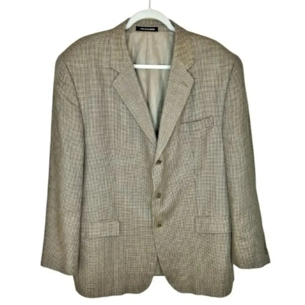 Calvin Klein Houndstooth Sport Coat 46R Brown‎ Tan Silk Wool Linen Blazer Jacket
